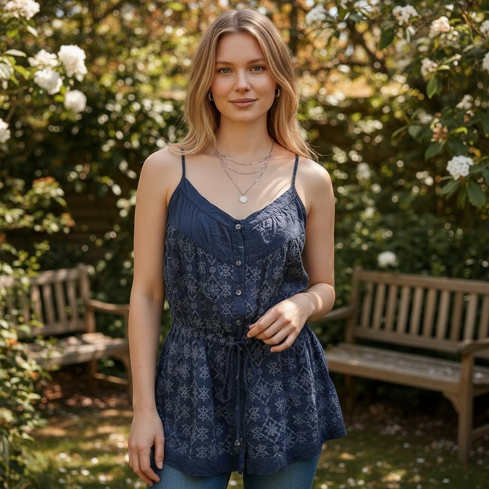 Johnny Was Eyelet Embroidered Tank Top Blue Rayon Boho Tie Front Women M Hippie